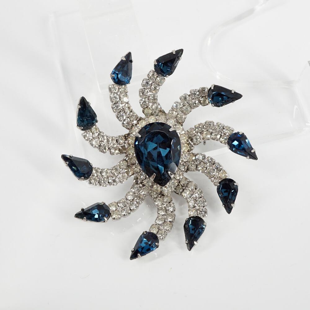 Vintage Kramer Signed Blue Clear Rhinestone Swirl Starburst Statement Brooch
